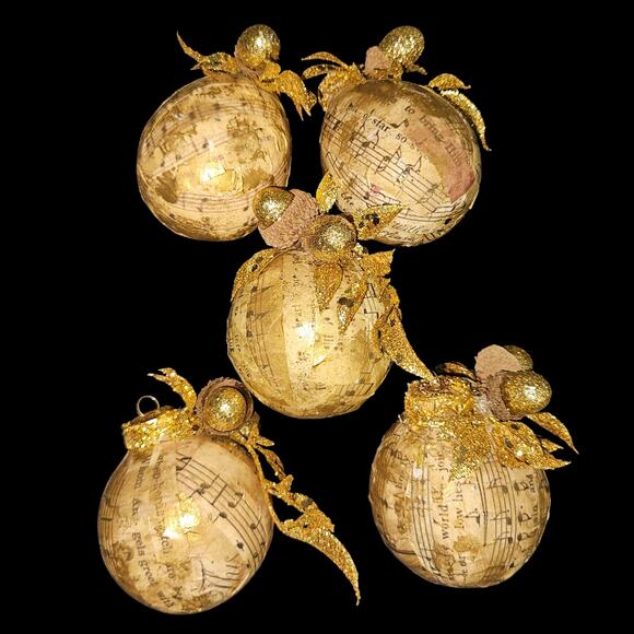 Set of 10 Vintage Style Christmas Ornaments Sheet Music Decoupage Gold Glitter - Picture 6 of 6
